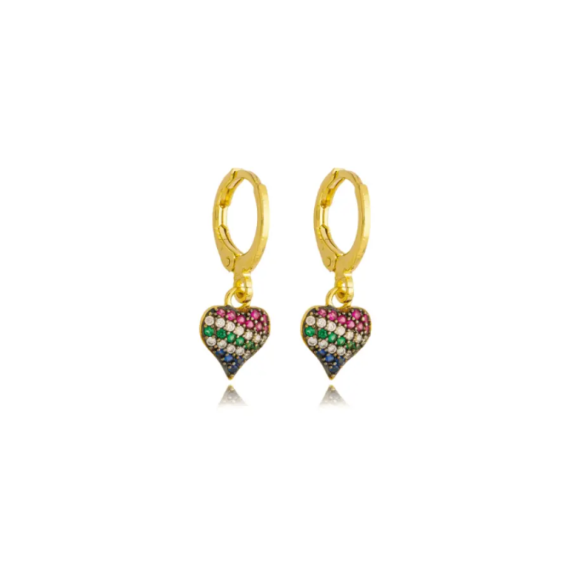 Brinco Articulado Coração Colorido Zirconia Banhado a Ouro 18k