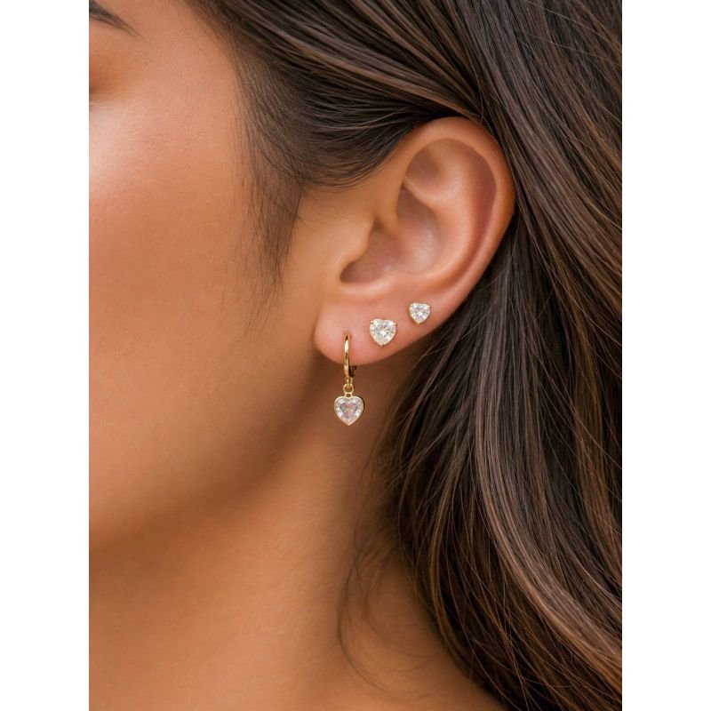 Brinco Trio Coração Zirconia Banhado a Ouro 18k