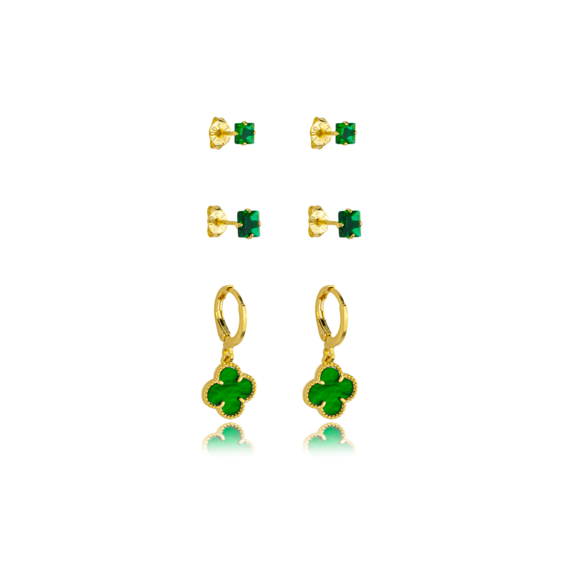 Brinco Trio Trevo Resina Banhado a Ouro 18k