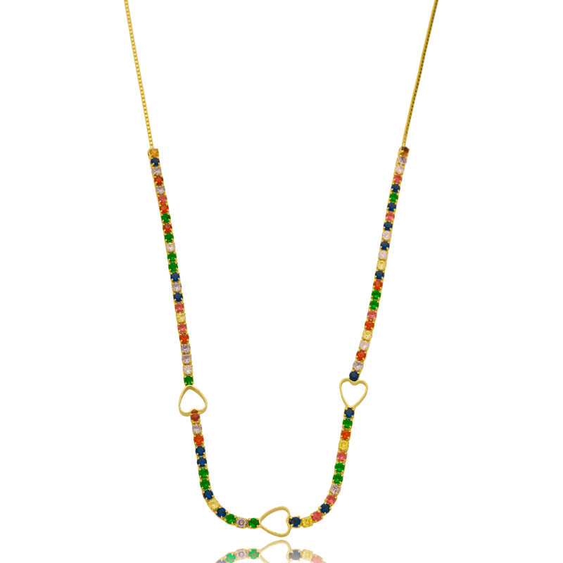 Colar Choker Coração Zirconia Colorida Banhado a Ouro 18k