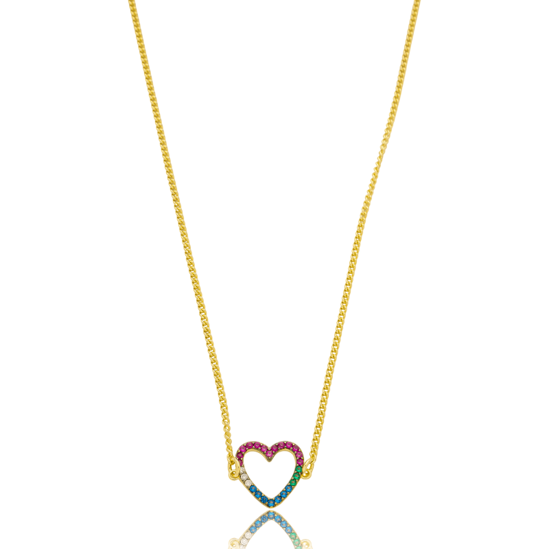 Colar Choker Coração Zirconia Colorido Banhado a Ouro 18k