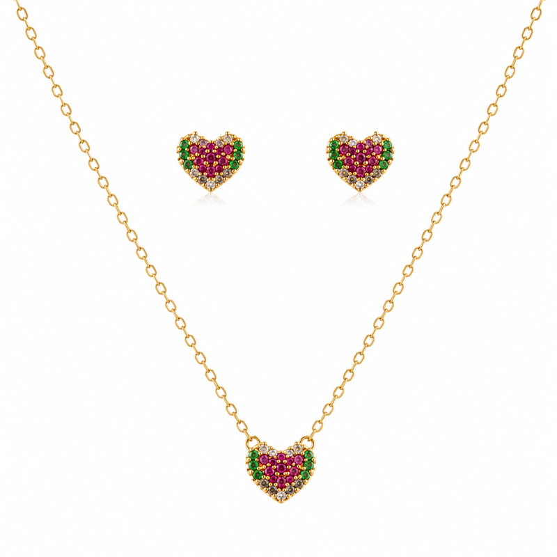 Conjunto Dourado Coração Zirconia Colorida Banhado a Ouro 18k