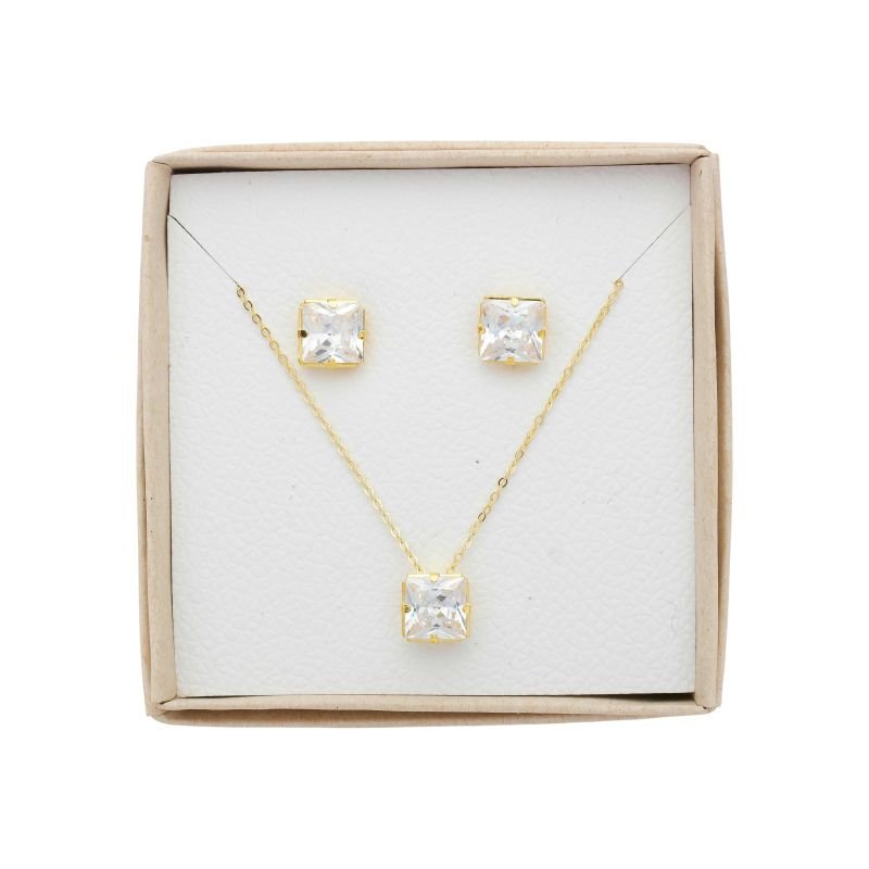 Conjunto Quadrado Pedra Banhado a Ouro 18k