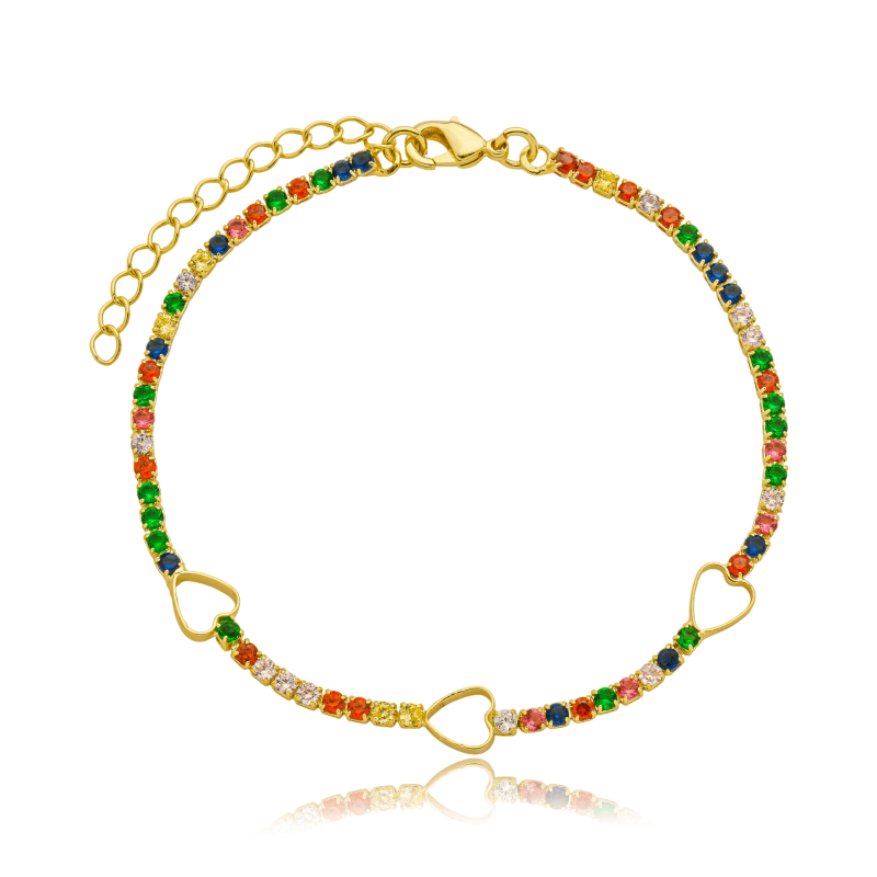 Pulseira Coração Zirconia Colorida Banhada a Ouro 18k