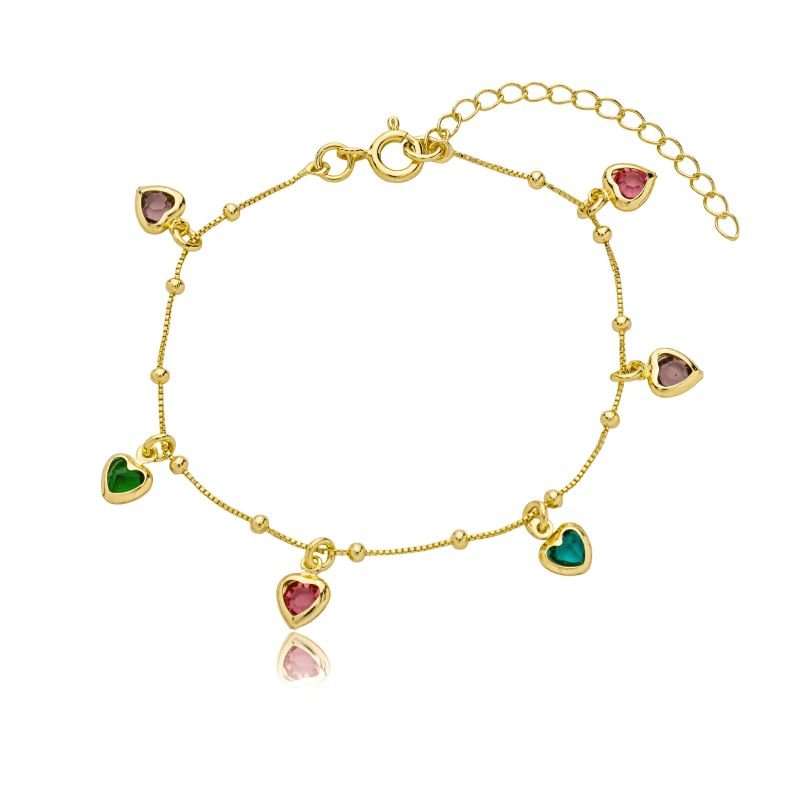 Pulseira Infantil Bolinha Coração Colorida Banhada a Ouro 18k